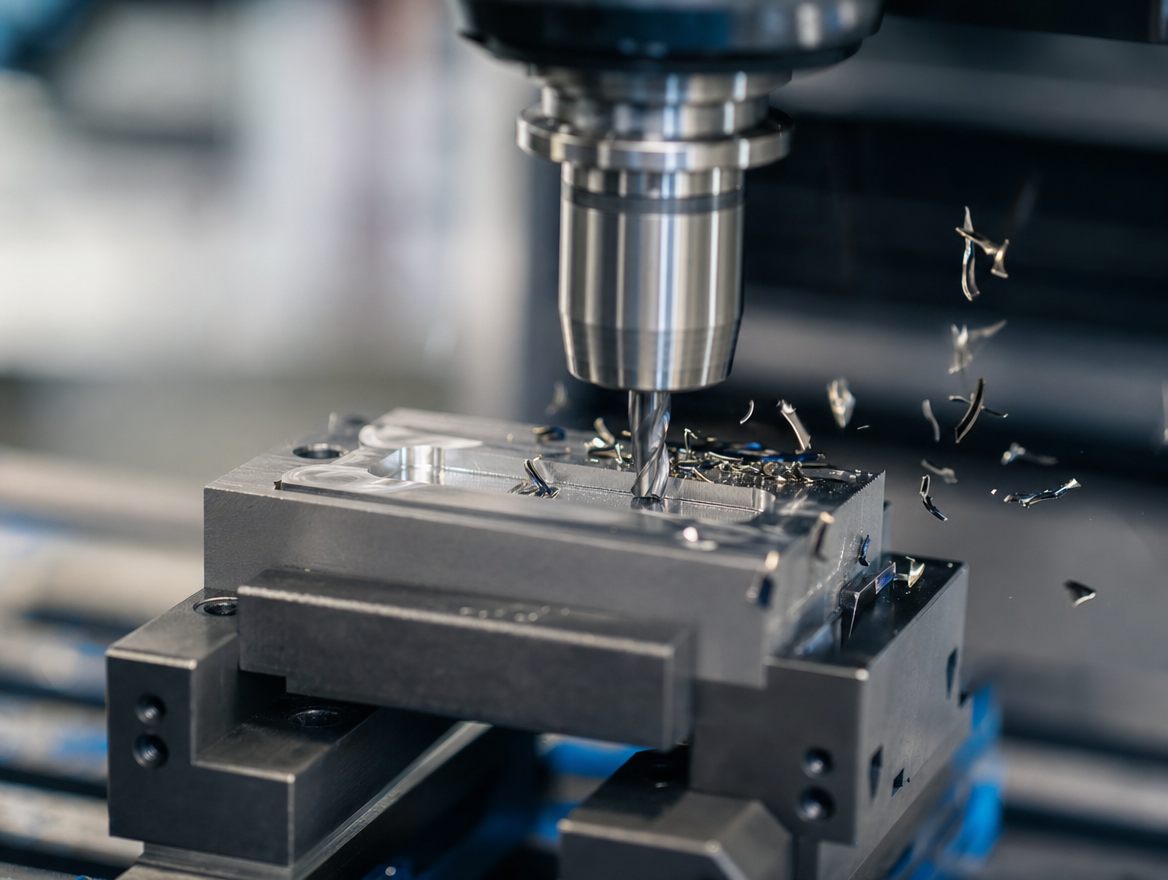 Precision CNC machining of a metal component in an advanced-manufacturing workshop.